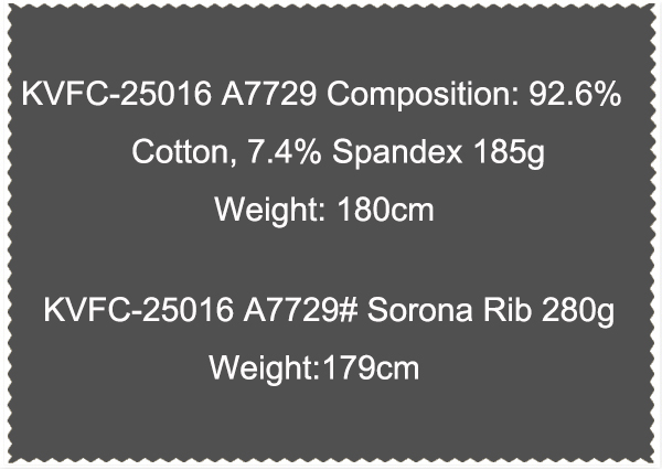 KVFC-25016 A7729 Sorona Rib 280g Weight 179cm