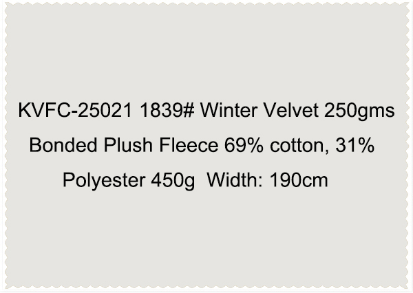 KVFC-25021 1839 Winter Velvet 250gms Bonded Plush Fleece 69 cotton 31 polyester 450g  Width 190cm